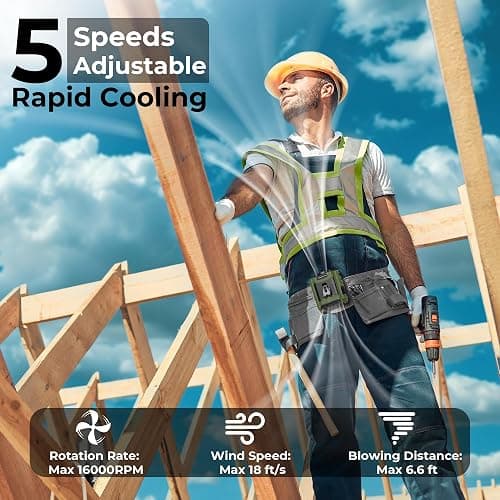 10000mAh Portable Waist Clip Fan, 40H Cooling Personal Wearable Fan, 5 Speeds 16000RPM Strong Belt Fan, Rechargeable Hands-free Neck Fan With Flashlight for Outdoor Jobsite Camping Traveling thumbnail 4
