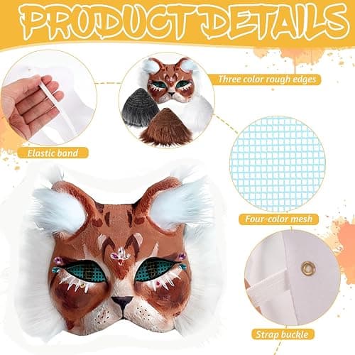 6PCS Cat Mask with Eye Mesh Fur Beard and Gem Stickers,Cat Mask DIY Set, Costume for Masquerade,Halloween,Cosplay Parties thumbnail 4