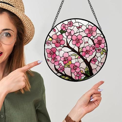 CRISGIF Stained Glass Window Hanging - Cherry Blossoms Birth Flower Suncatcher for Door Garden Patio Sun Catchers Decor Christmas Mother's Day Birthday Gifts for Women Mom Nana Friend Wife 7.8 in thumbnail 5