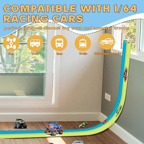Flex Tracks 15 Ft for Kids Starter Set, Flexible Race Car Ramp Track with Suction Cups Compatible with Diecast 1/64th Cars for Ages 3 & Up (Green & Blue) thumbnail 3