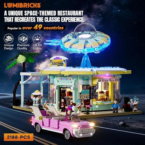 Lumibricks Interstellar-Diner Lighting-Building-Bricks City Set - 2188 Pcs Road UFO Drive-in Restaurant Modular Collection LED Light Space Car Restaurant Set for Adults and Travelling Enthusiasts thumbnail 3