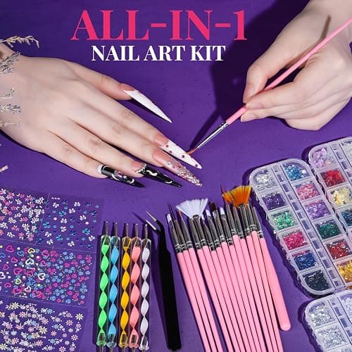 FANDAMEI Nail Art Brushes, Nail Art Kit with 15 Pcs Nail Art Brush, 5 Pcs Dotting Tools, 6 Box Nail Charms and Gems, 10 Sheet Flower Nail Stickers, Complete Nail Decoration Art with Nail Art Brushes thumbnail 7