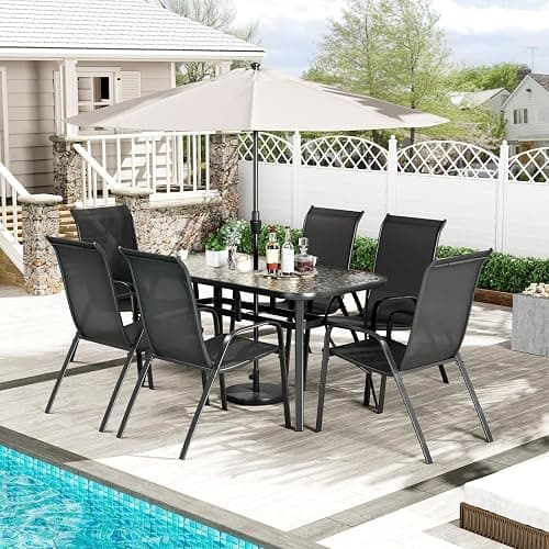 TLSUNNY 7 Pieces Patio Dining Set, Outdoor Table and Chairs W/1.69″ Umbrella Hole, 30"X 55" Table and Stackable Textilene Chair, All Weather Patio Furniture Set (Umbrella not Included) (Black) - Black - Image 1