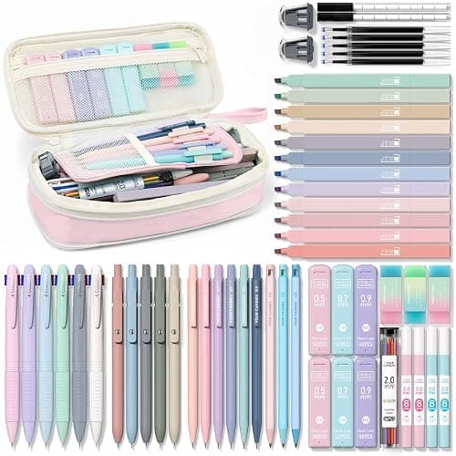 Four Candies 56 PCS Aesthetic School Supplies with Cute Pencil Case, 6 Multicolor Pen, 12 Pastel Highlighters, 5 Gel Pens Black Ink, 9 Mechanical Pencils for Student Stationary Set Preppy Stuff (Pink) - Image 1