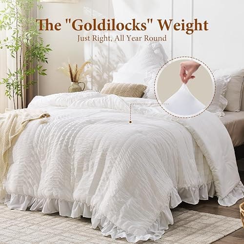 JOLLYVOGUE Oversized Queen Comforter Set, 3 Pieces White Seersucker Comforters, Lightweight & Fluffy Bedding Sets for All Season with 1 Ruffle Comforter and 2 Ruffle Pillowshams thumbnail 3