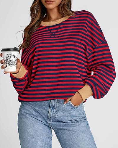BTFBM Womens Oversized Striped Sweatshirt Crewneck Long Sleeve Pullover Top Casual Y2K Fall Clothes 2025 Workout Shirt thumbnail 5