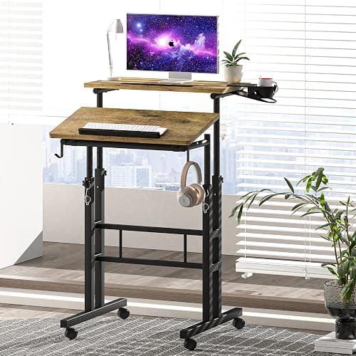Klvied Rolling Mobile Desk with Cup Holder, Portable, Adjustable Height Small Stand up Desk on Wheels for Home Office Laptop Cart, Computer, Standing or Sitting,Oak thumbnail 4
