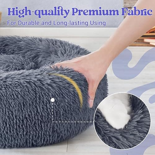 rabbitgoo Cat Beds for Indoor Cats, 20 inches Cat Bed Machine Washable, Fluffy Round Pet Bed Non-Slip, Calming Soft Plush Donut Cuddler Cushion Self Warming for Small Dogs Kittens, Dark Grey, Medium thumbnail 6