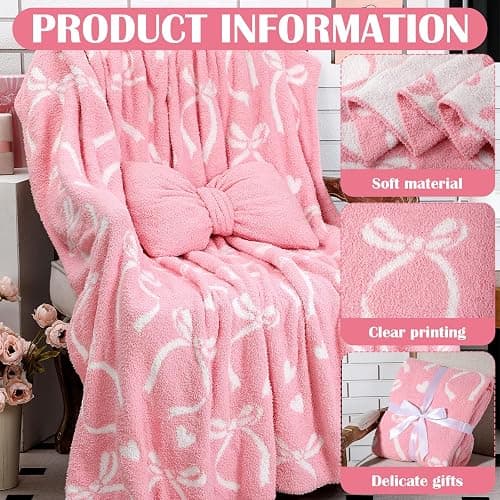 Hillsuren Valentine's Day Pink Bow Throw Blanket and Pillow Set Include Coquette Blanket 50 x 60 Inch and Pink Bow Plush Throw Pillows Cushion for Girls Women Gift Couch Sofa Bed Nursery Preppy Room thumbnail 4