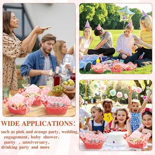 Geosar 100 Pcs Gingham Party Supply Disposable Paper Food Tray Bulk Disposable Food Boat with Checkered Wax Paper Sheet Checkered Wrapping Supply for Carnival Picnic Birthday Party (Orange Pink) thumbnail 7