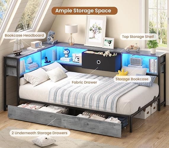 Hasuit Twin Corner Bed Frame with Storage Drawers and Bookcase Headboard, Twin Size Metal Platform Corner Bed Frame with Charging Station and LED Lights, Twin Daybed for Kids Teens Guests, Oak Gray thumbnail 4