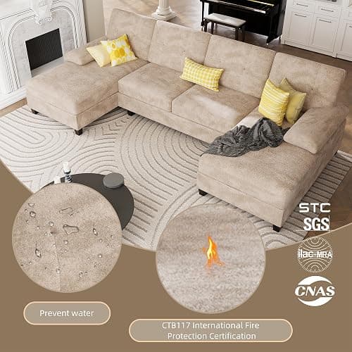 U-Shaped Sectional Couches for Living Room, 4 Seat Sofa with Double Chaise Lounges,Solid Wood Frame Sectional Sofa for Apartment,Beige thumbnail 4