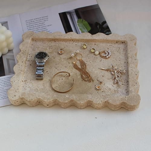 Natural Luxury Scalloped Marble Tray 10.8"x8", Rectangle Vanity Tray for Bathroom Kitchen Counter, Decorative Tray for Dresser Home Decor - Beige Travertine thumbnail 2
