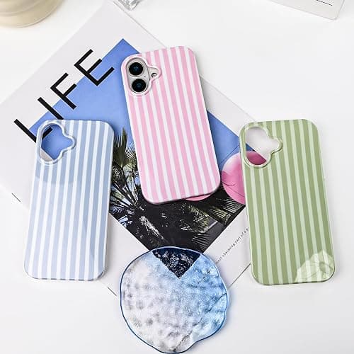 SleekCover Cute Striped Case for iPhone 16 6.1",Pink/Yellow | Non-fade Aesthetic Striped Pattern,Slim Fit,Lightweight,Kawaii Cute iPhone 16 Case for Women Girls,Soft TPU thumbnail 8