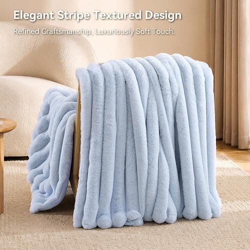 Smoofy Light Blue Fluffy Faux Rabbit Fur Striped Blanket 60"x80", 870GSM | Super Soft & Cozy Comfort Blanket, Luxury Fuzzy Fleece Throw, Perfect Home Decor For Sofa & Couch, Great Gift for Women thumbnail 3