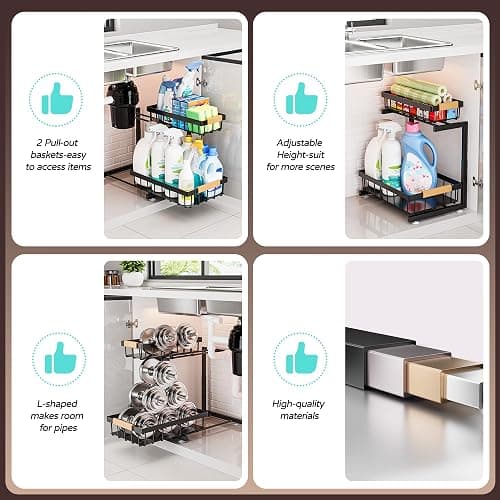 ADBIU Under Sink Organizer, 2 Pack 2 Tier Expandable Height (13.2" - 17.2") Pulling Out Kitchen Bathroom Cabinet Organizers thumbnail 8