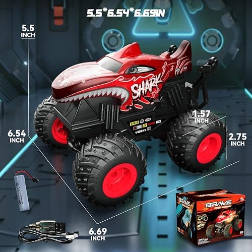BEZGAR Monster Truck Toys - Remote Control Monster Truck with Light & Music, Dinosaur Toys for Kids, 1:20 Scale RC Truck with 360° Spins and Drifting, Remote Control Car for Boys 4-7 Red thumbnail 2