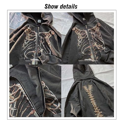 MLAFE Gothic Hooded Sweater Retro Bone Print Hooded sweatshirt Y2K zip-up jacket Grunge Hooded Sweater Harajuku upper garment thumbnail 6