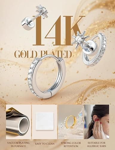 Florideco Flat Back Earrings Hypoallergenic Surgical Steel Earrings for Women Trendy Cartilage Chain Hoop Earring Studs 14K Gold Plated Star Heart CZ Flatback Stud Earring Sets for Multiple Piercing thumbnail 3