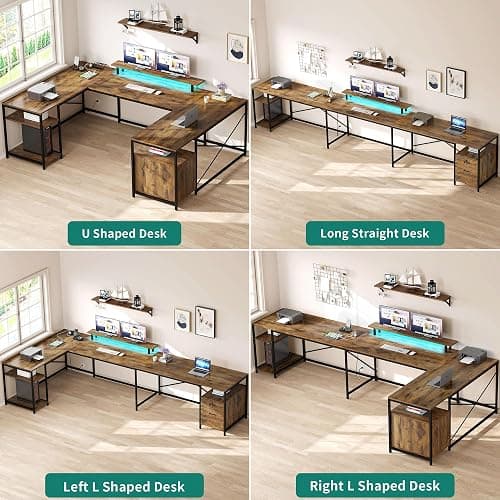 YITAHOME U Shaped Desk with Power Outlets & LED Lights, 79" Reversible L Shaped Desk with Drawers, Corner Computer Desk Office Desk with Monitor Stand & Storage Shelves, Rustic Brown thumbnail 3