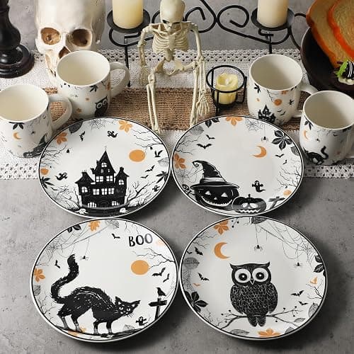 SiliFine 8 Pcs Vintage Halloween Ceramic Dinnerware Set 8 Inch Gothic Plates and 11 oz Mugs Halloween Haunted Owl Pumpkin Cat Dessert Plates and Mugs for Indoor Outdoor Party Kitchenware Gift thumbnail 2