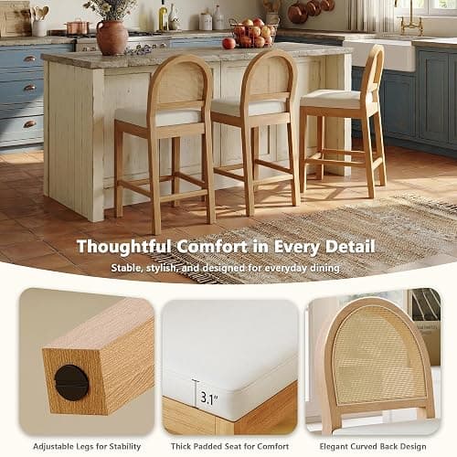 STHOUYN Upholstered Rattan Bar Stools Set of 4, Wooden Counter Height Stools with Natural Rattan Woven Back and Chenille Seat, Mid-Century Modern Island Chairs Barstools for Kitchen (4, Cream White) thumbnail 5