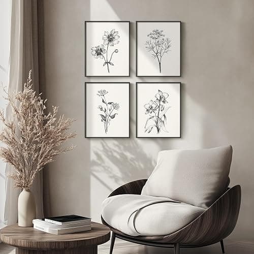 Framed Black and White Floral Wall Art for Bedroom, 4 Piece Vintage Botanical Canvas Paintings Artwork for Modern Farmhouse, Minimalist Flower Pictures for Living Room Kitchen Bathroom Wall Decor thumbnail 4