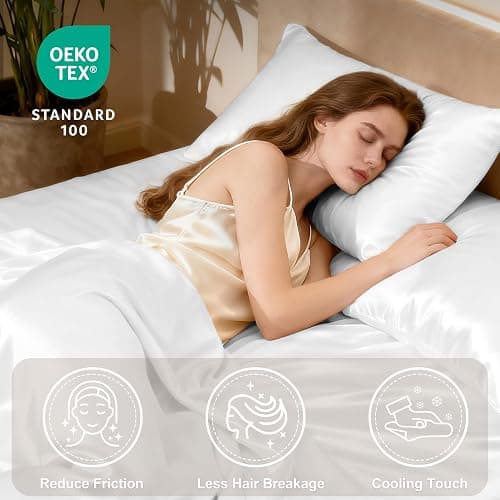 Love's cabin Full Size Satin Sheet Sets - 4 Piece White Silky Satin Sheet Set Full with Deep Pocket, Luxury Silk Feel Satin Bed Sheets Full Bedding Set (1 Flat Sheet,1 Fitted Sheet,2 Pillow Cases) thumbnail 3