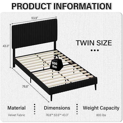 Lullabyre Twin Bed Frame Velvet Upholstered Platform Bed with Adjustable Vertical Channel Tufted Headboard and Footboard, No Box Spring Required, Easy Assembly, Black thumbnail 2