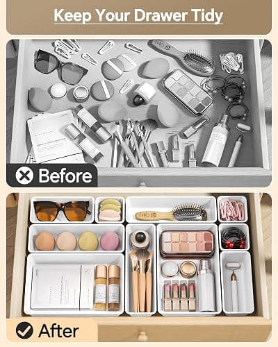 KEMETHY 25 PCS Plastic Drawer Organizers Set, 4 Sizes Vanity Organizer, Makeup and Desk Drawer Organizer Trays, Organization and Storage for Makeup, Bathroom, Kitchen Utensils and Office (White) thumbnail 4