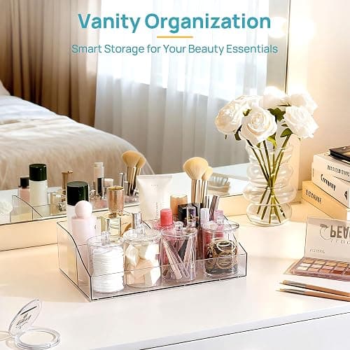 Vtopmart 5 PCS Bathroom Countertop Organizer, 1 Divided Tray with 4 Qtip Holder Jars, Restroom Clear Organizers for Toothbrush, Cotton Pads Balls, Floss, Bathroom Vanity Accessories Storage Set thumbnail 7