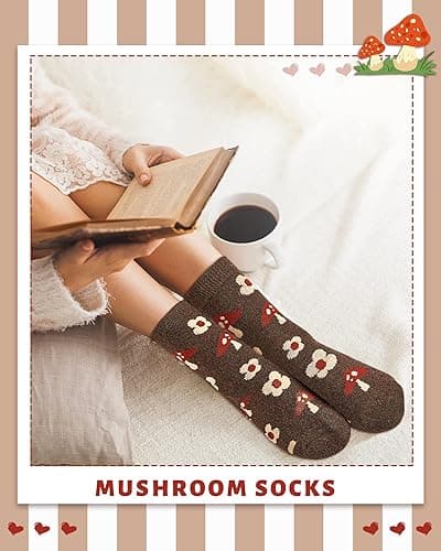 Janmercy 2 Pairs Mushroom Crew Sock Wool Mushroom Socks Classic Flower Socks Women Novelty Socks Casual Women's Socks (Flower) thumbnail 7