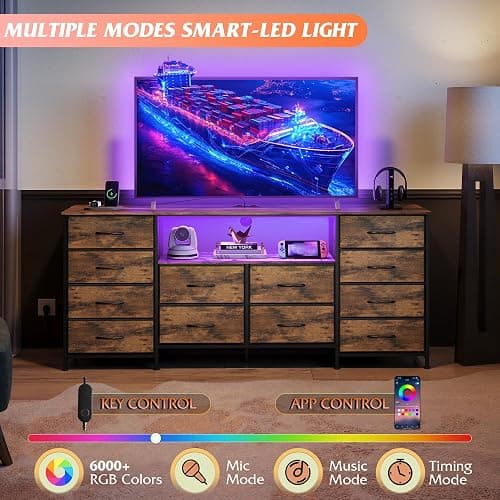 WLIVE 12 Drawer Dresser for Bedroom, Dresser TV Stand for 65, 70, 75 inch TV with Led Lights & Charging Station, Wide Chest of Drawers with Open Shelves, Fabric Dressers for Living Room, Rustic Brown thumbnail 5