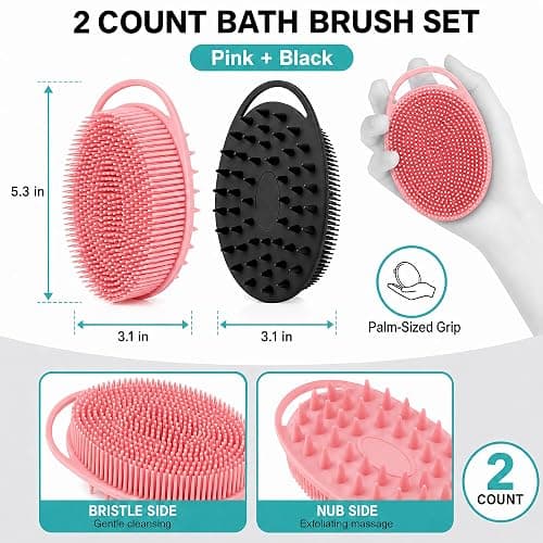 2 Pack Silicone Body Scrubber, Loofah Double-Sided Body Brush,Shower Scrubber and Scalp Massager Shampoo Brush for Sensitive Kids Women Men All Kinds of Skin (Black & Pink) thumbnail 8