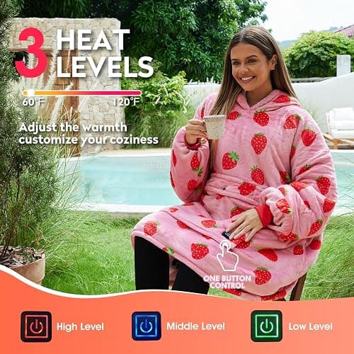 Cootway Heated Wearable Blanket Hoodie, 3 Heat Level Oversized Strawberry Blanket Hoodie for Women Without Battery Pack, Cozy Warm Sweatshirt Blanket, USB Heating Hooded Blanket w/Sleeves&Giant Pocket thumbnail 2