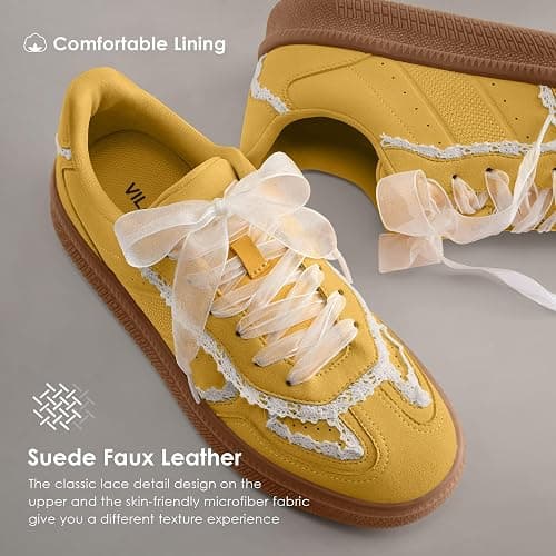 Vilanva Women's Lace Detail Fashion Sneakers Comfortable Casual Dress Sneakers with Retro Gum Sole Walking Trendy Footwear thumbnail 2