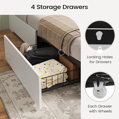 AOGLLATI Farmhouse Queen Bed Frame with 4 Storage Drawers and Led Lights, Wooden Bed Frame Queen Size with Hidden Space Bookcase Headboard and Led Lights & Metal Slats, White thumbnail 7