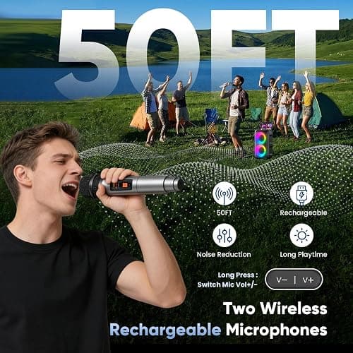Karaoke Machine for Adults Kids, Portable Bluetooth Speaker with 2 Wireless Microphones, TWS Mode & LED Light, 10H Battery PA System Stage Monitors,Home Party Outdoor Birthday Easter Gifts(Black) thumbnail 3