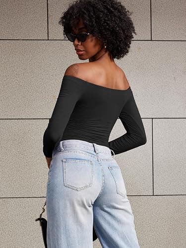 YEOREO Ease Women Off Shoulder Long Sleeve Shirts Double Lined Basic Top | Under Shirt Y2K Going Out Tops thumbnail 4