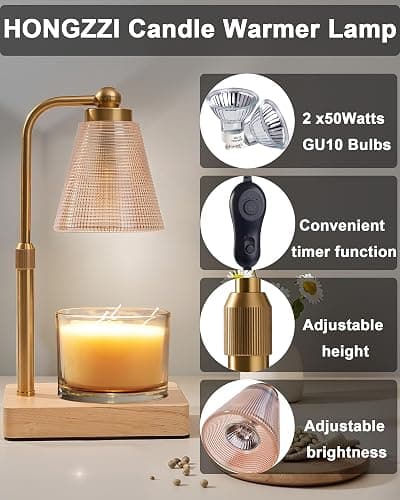 HONGZZI Candle Warmer Lamp with Timer - Adjustable Height & Brightness - Wood Base Glass Shade - 2 Bulbs Included(Square Gold) thumbnail 3