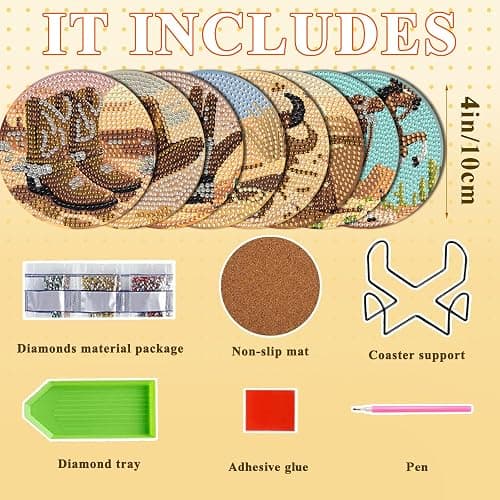 DOTSOPS 8 Pcs Cowboy Diamond Painting Coasters with Holder for Beginners | 5D Diamond Art Kits for Adults,Round Full Drill Gem Dots,Craft Arts DIY Supplies Party Home Decor 4 in thumbnail 2
