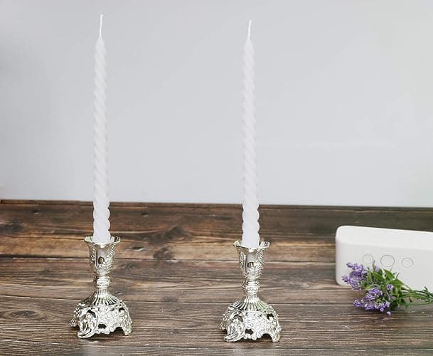 JAZPlayer Silver Taper Candle Holders with Deluxe Engraved Design, Set of 2 Premium Metal Silver Candlestick Holders thumbnail 9