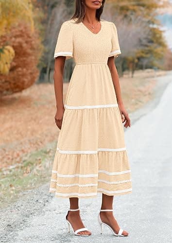 PRETTYGARDEN Women's Casual Summer Maxi Dress Short Sleeve Swiss Dot V Neck Smocked Long Flowy Beach Dresses thumbnail 6
