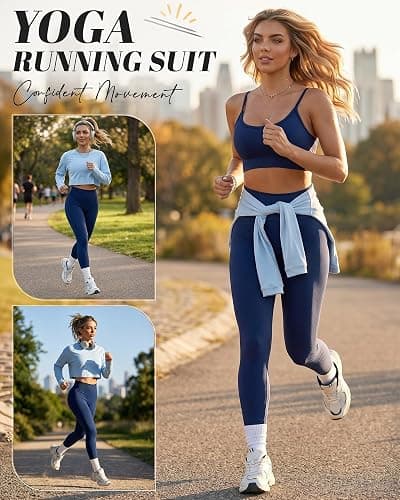 Cutecrop Women 3 Piece Seamless Workout Set High Waisted Leggings Athletic Bra Crew Neck Top Loose Yoga Gym Lounge Outfit thumbnail 3