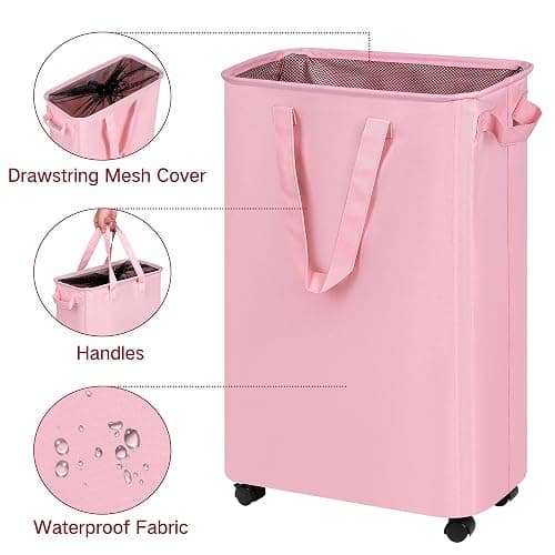 efluky Slim Laundry Hamper with Wheels, Rolling Laundry Basket for Clothes, Small Laundry Basket for Bedroom, Dorm and Laundry Room, 60L (12.7 Gallons) Pink thumbnail 4