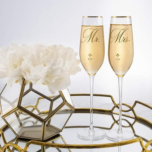 Bride and Groom Champagne Glasses (8 oz), Gold Print Mr and Mrs Glasses for Wedding Glasses and Toasting Flutes, Bridal Shower Gifts, Engagement Gift, Comes with Gift Box and Note Card thumbnail 2