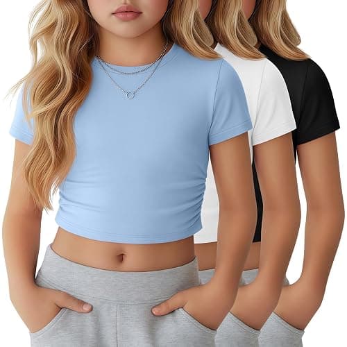 YooAurvox 3 Pack Girls Crop Tops 5-16y Short Sleeve T-Shirts Tween Girl Slim Crew Neck Ruched Casual Trendy Summer Shirts - Image 1