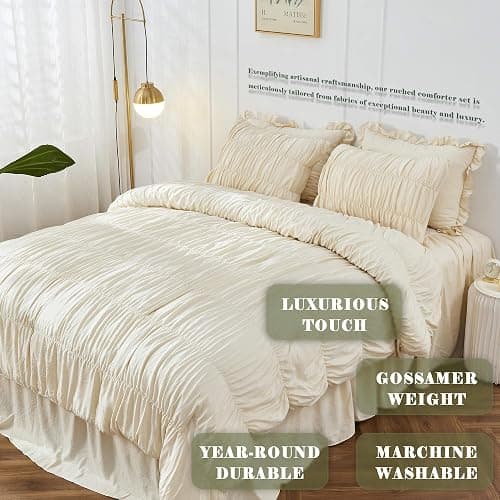 Queen Comforter Set - Ruched Comforter Queen Size Bed Set Boho Shabby Chic Bedding for Bedroom Comforter Fluffy 3 Piece Ruffle Comforter Set with Pillow White Bedding Soft thumbnail 3