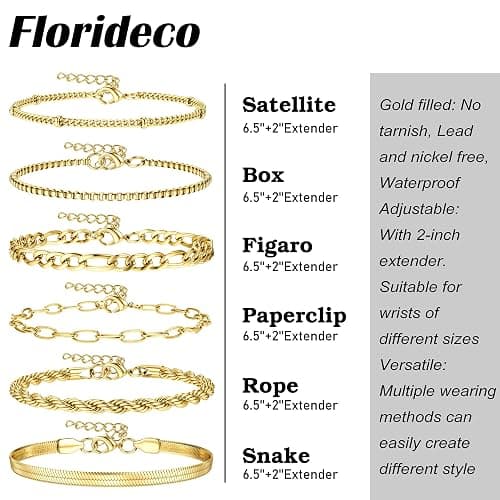 Florideco Gold Bracelets for Women Waterproof 14K Gold Plated Bracelet Stack Set Non Tarnish Trendy Thin Dainty Stackable Cuban Link Paperclip Chain Bracelet Pack Fashion Cute Jewelry Set thumbnail 6