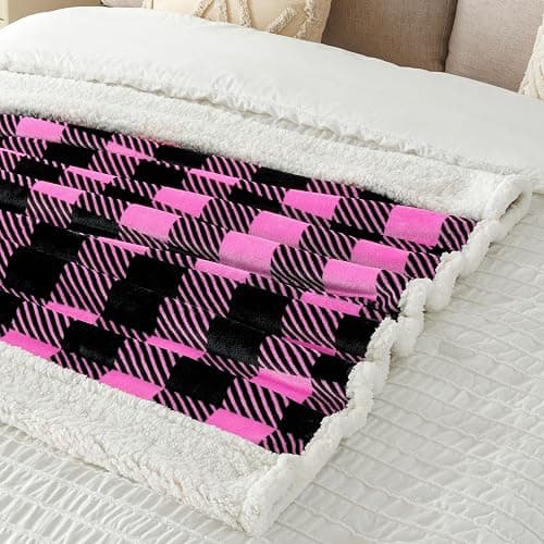 Touchat Sherpa Plaid Twin Blanket 60" X 70", Fuzzy Fluffy Soft Cozy Throw Blanket, Twin Size Plush Fleece Flannel Plush Microfiber Blanket for Couch Bed Sofa (Rosepink) thumbnail 6